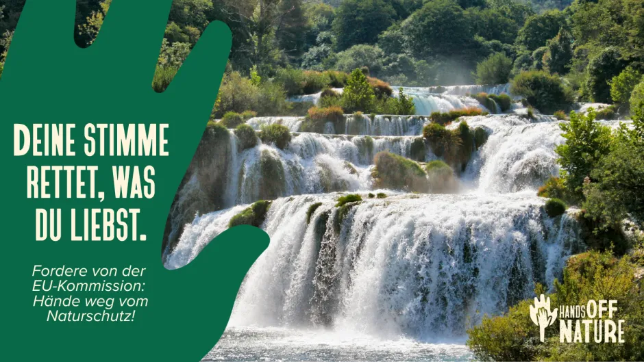 Kampagne HandsOffNature mit Wasserfällen und Aufschrift auf einer grafischen Handfläche "Deine Stimme rettet, was du liebst"